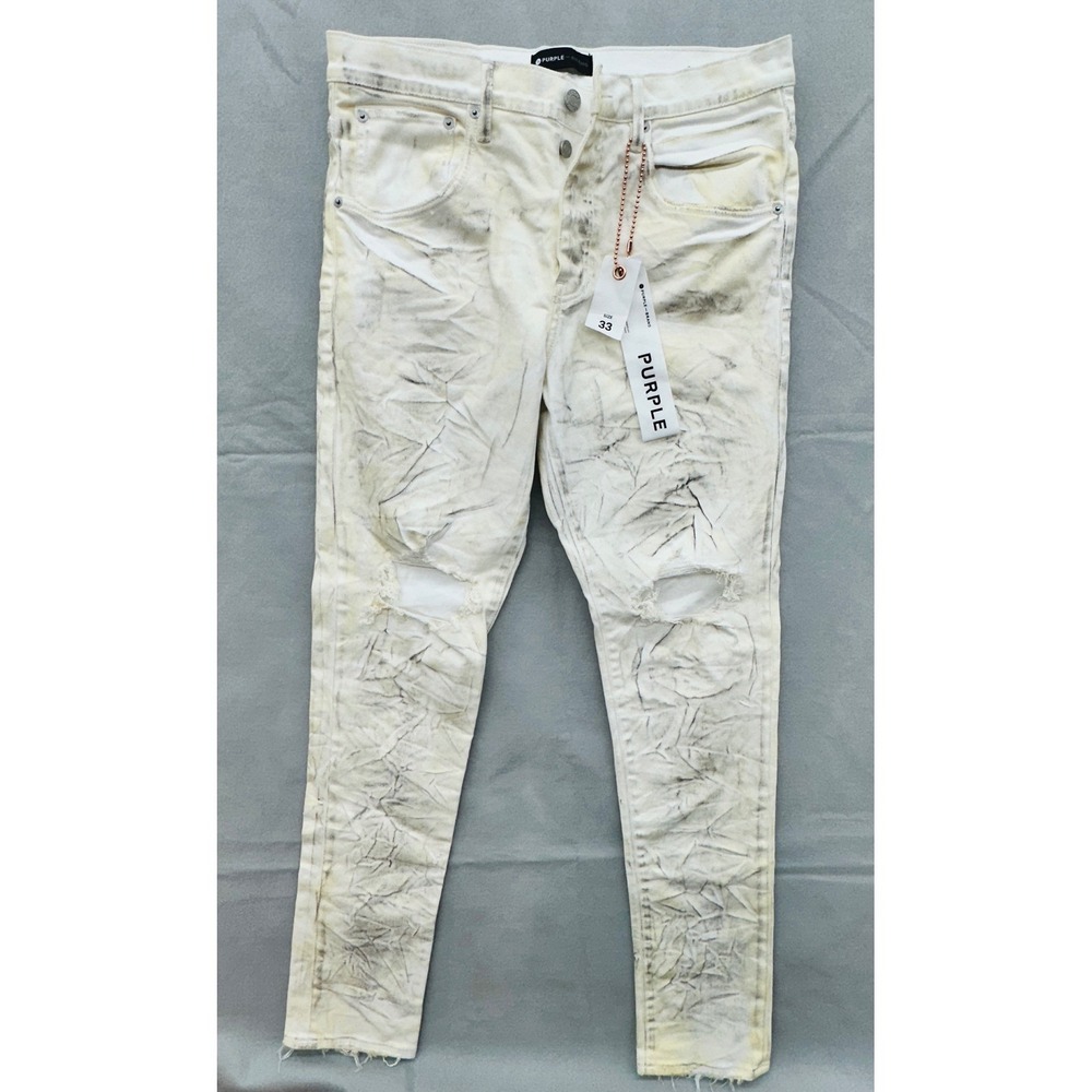 Purple Brand P002 Slim Fit Jeans White Yellow Oil Wash Distressed Mens Size 33
